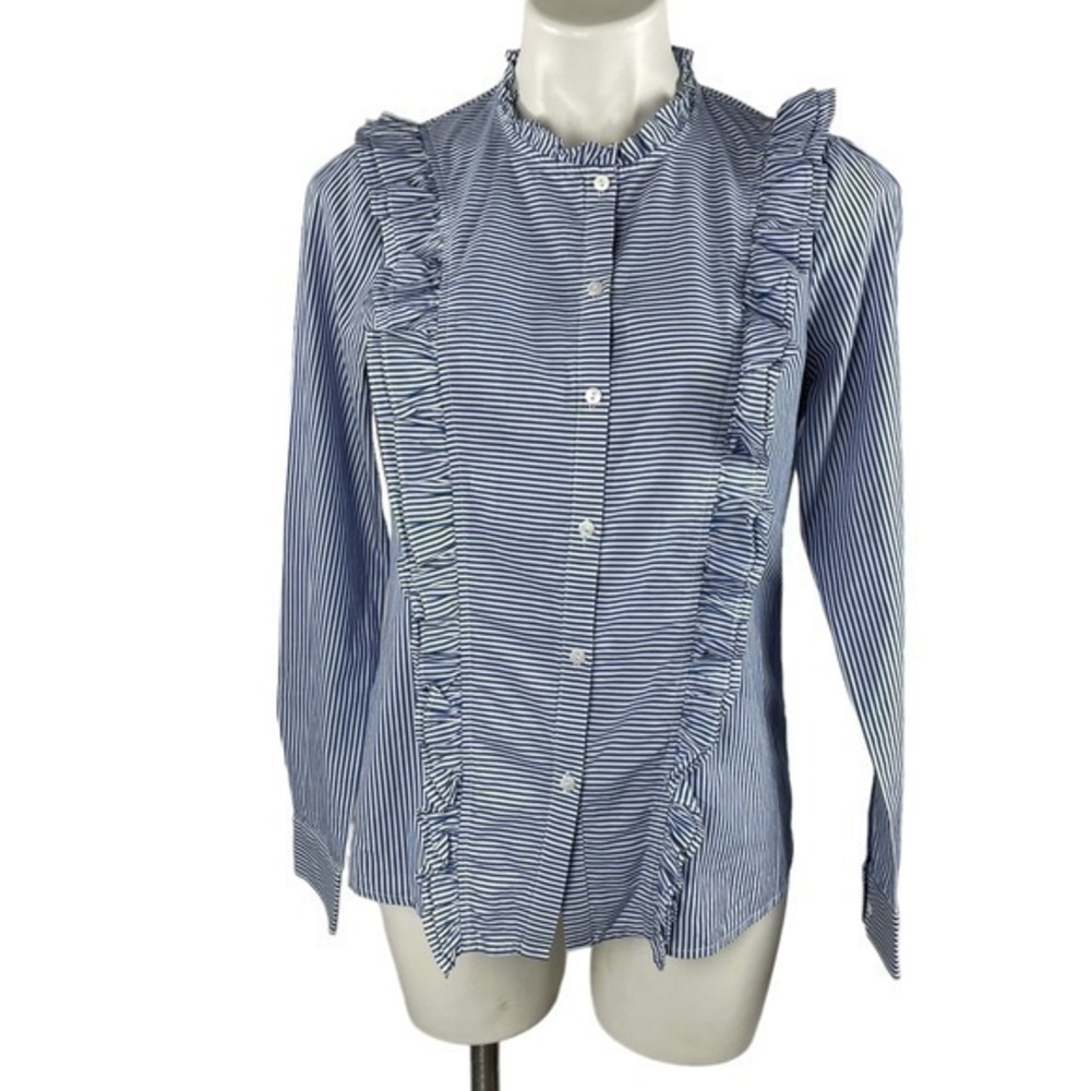 Women Ruffle Shirt | Avec Les Filles Prairie Shirt | Medium | Blue White